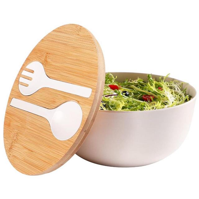 ECOWAY Bamboo Salad Bowl with Lid, Bamboo Fiber Serving Bowls Large with Natural Solid Bamboo Lid, Salad Mixing Bowl Set with Servers Set for Salad, Fruits, Vegetables and Pasta (White, 9.8inch)