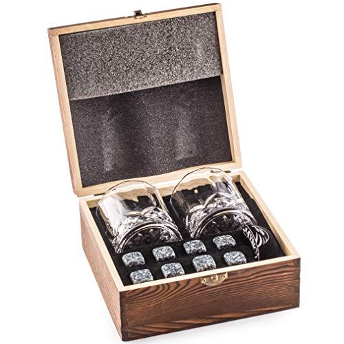 Impressive Whiskey Stones Gift Set with 2 Glasses - Be Different When Choosing a Gift - Luxury Handmade Box with 8 Granite Whisky Rocks & Velvet Bag - Ice Cubes Reusable - Best Man Gift