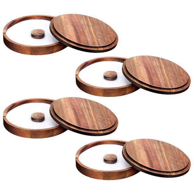 Ziliny 4 Pcs Margarita Salt Rimmer Set Glass Rimmer with Lid Home Bar Accessories Plate for Sugar Drinks Cocktails Bartender Tool Kit Party Restaurant, 5.9" Diameter (Acacia Wood)