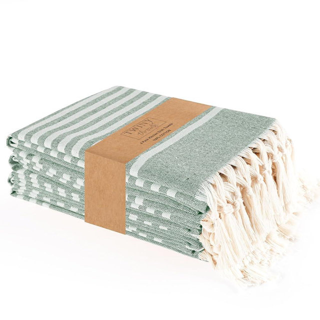 TWINY threads Set of 4 100% Cotton Turkish Kitchen Towels with Hanging Loop & Tassels (18" X 28") | Ultra Washcloth with Fringes | Reusable Hand Towels - Olive Green