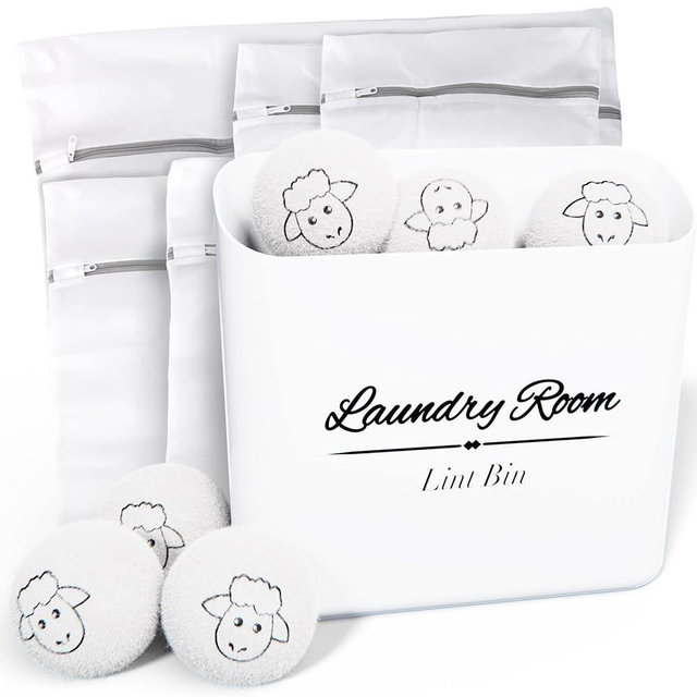ALBEN Bundle: Magnetic Lint Bin for Laundry Room, Wool Dryer Balls, and Mesh Garment Bags - The Ultimate Lint Container for Laundry Room and More (Farmhouse White)