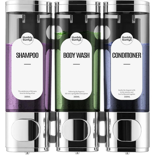 Shampoo and Conditioner Dispenser 3 Chamber No Drill, HUOTDY SUNTYS Shower Soap Dispenser Wall Mounted,Shampoo Dispenser for Shower Wall Body Wash Dispenser for Bathroom Toilet Hotel Kitchen (Chrome)