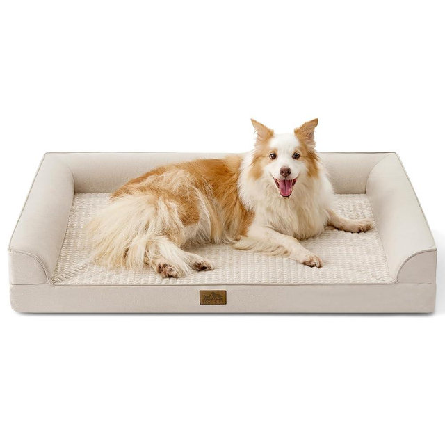 COZY KISS Orthopedic Dog Beds for Large Sized Dog, XL Bolster Pet Couch with Waterproof Lining, Egg Crate Foam Sofa for Pets Up to 100 lbs, U-Shaped, 44x32x7 inch, Beige