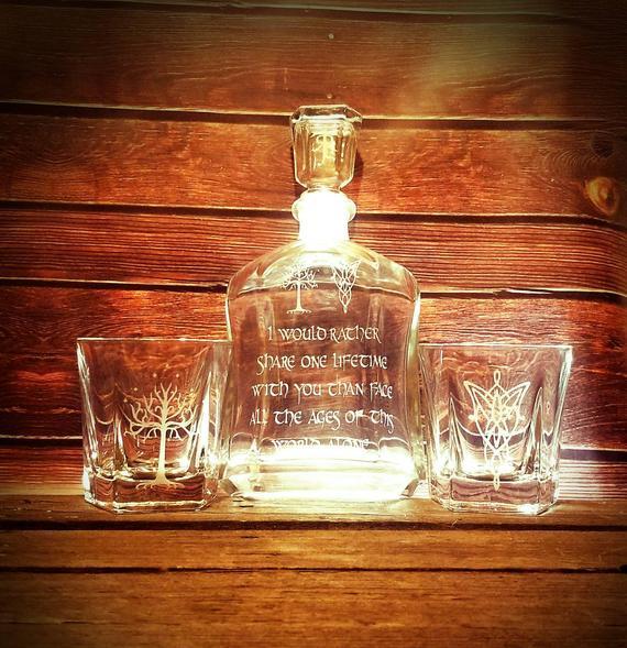 Lord of the Rings Wedding Decanter and Rocks Glass Gift Set, Engraved Whiskey Bourbon Glasses, LOTR Evenstar Tree and Tree of Gondor Gift