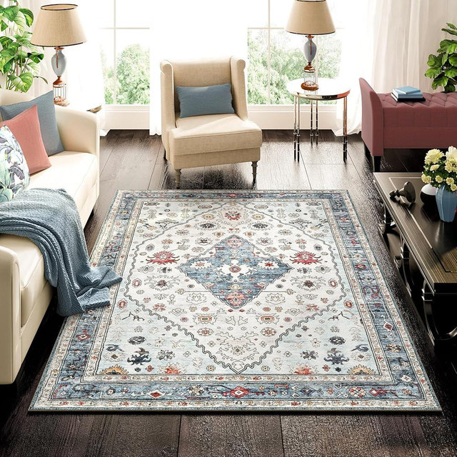 Istana 3x5 Washable Rug - White Cream/Blue Area Rug - Foldable Small Area Rugs 3x5 - Non Shedding Floor Rugs for Home - Washable Rugs - Rug Non Slip W/Soft Microfiber