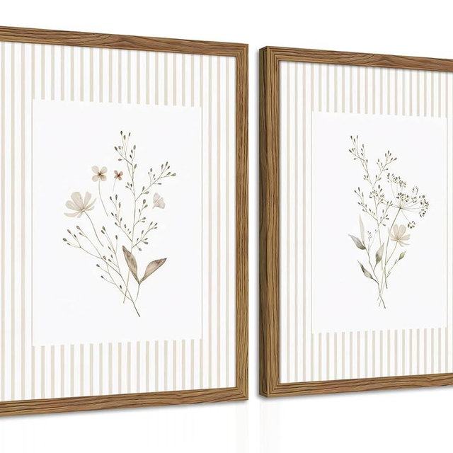 Neutral Wildflower Wall Art Set of 2, Vintage Flower Botanical Wall Decor Painting, Rustic Cottagecore Striped Floral Prints Pictures for Living Room Bedroom 12x16 Inch Framed