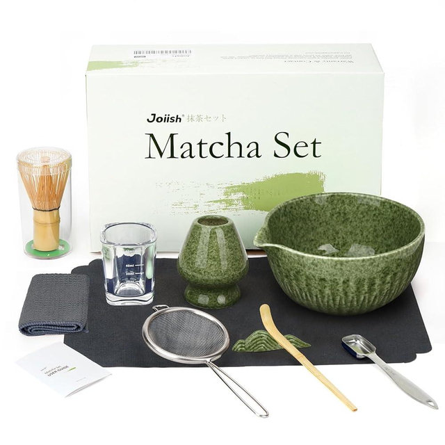 Joiish 10-Pcs Matcha Kit Set, Whisk and Bowl with Spout & Measuring Spoon, Japanese Tea Making Tools, Complete Matcha Gift Set for Starter, Mottled Green