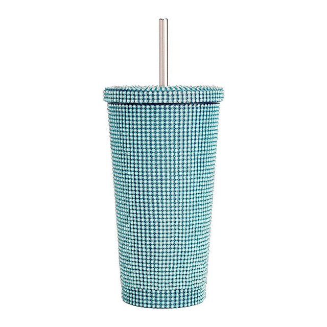 Paris Hilton Diamond Bling Water Tumbler With Lid And Straw, Vacuum Insulated Stainless Steel, Bedazzled With Over 3700 Rhinestones, 16.9-Ounce, Blue