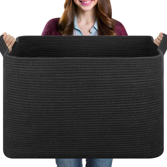 OIASKET 108L Laundry Basket for Organizing, 24.8"L x 16.2"W x 16.2"H Extra Large Blanket Basket, Rope Storage Basket for Living Room, Woven Basket for Clothes, Pillows, Nursery Laundry Hamper (Black)