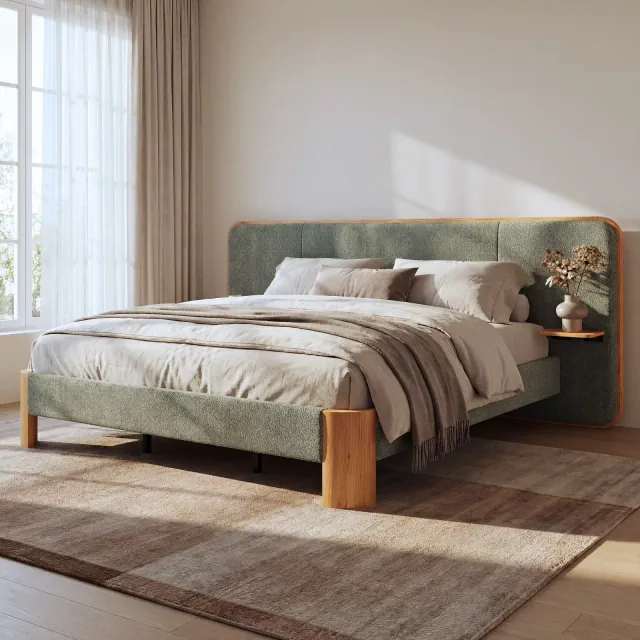 King Size Upholstered Platform Bed Frame Noise-Free Bed with Padded Headboard & Floating Side Tables, Green & Natural - ModernLuxe