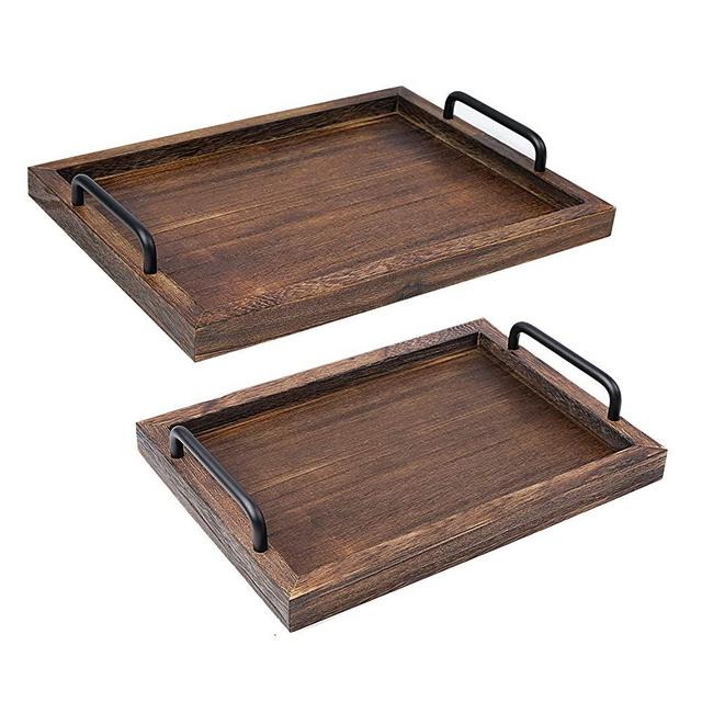 LIBWYS Rustic Wooden Serving Trays with Handle, Decorative Nesting Food Platters for Breakfast, Coffee Table/Butler, 2 Pack (Large 15.8 x 1.2 x 11.8 inches, Small 13.4 x 1.2 x 9.5 inches)