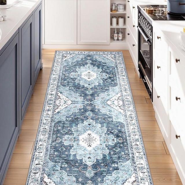 SERISSA Boho Washable Runner Rug, 2x6 Rug Runner Non-Slip Vintage Blue Hallway Kitchen Runner Rug Ultra Soft Print Distressed Floor Carpet Runner for Bedroom Bathroom Laundry Living Room