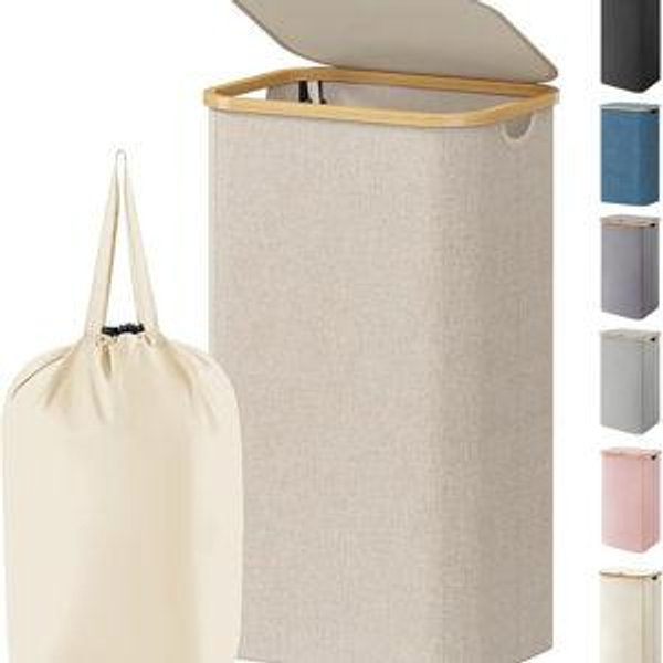 Lifewit 100L Laundry Basket with Lid, Clothes Hampers for Laundry with Bamboo Handles and 1 Removable Bag, Large Foldable Laundry Hamper for Bedroom, Bathroom, Dorm, Laundry Room, Beige
