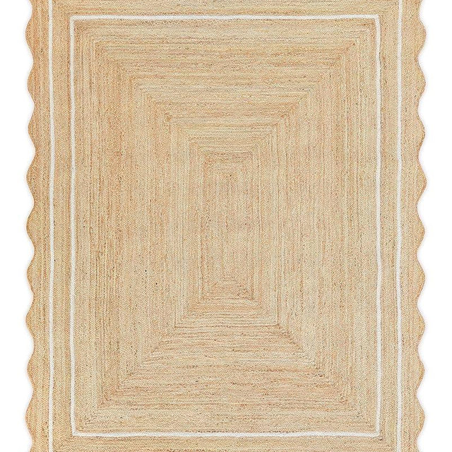 Weaving Village Wave Scalloped Natural Jute Boho Entryway Runner Farmhouse Scallop Rug, Off White (5'x8'")