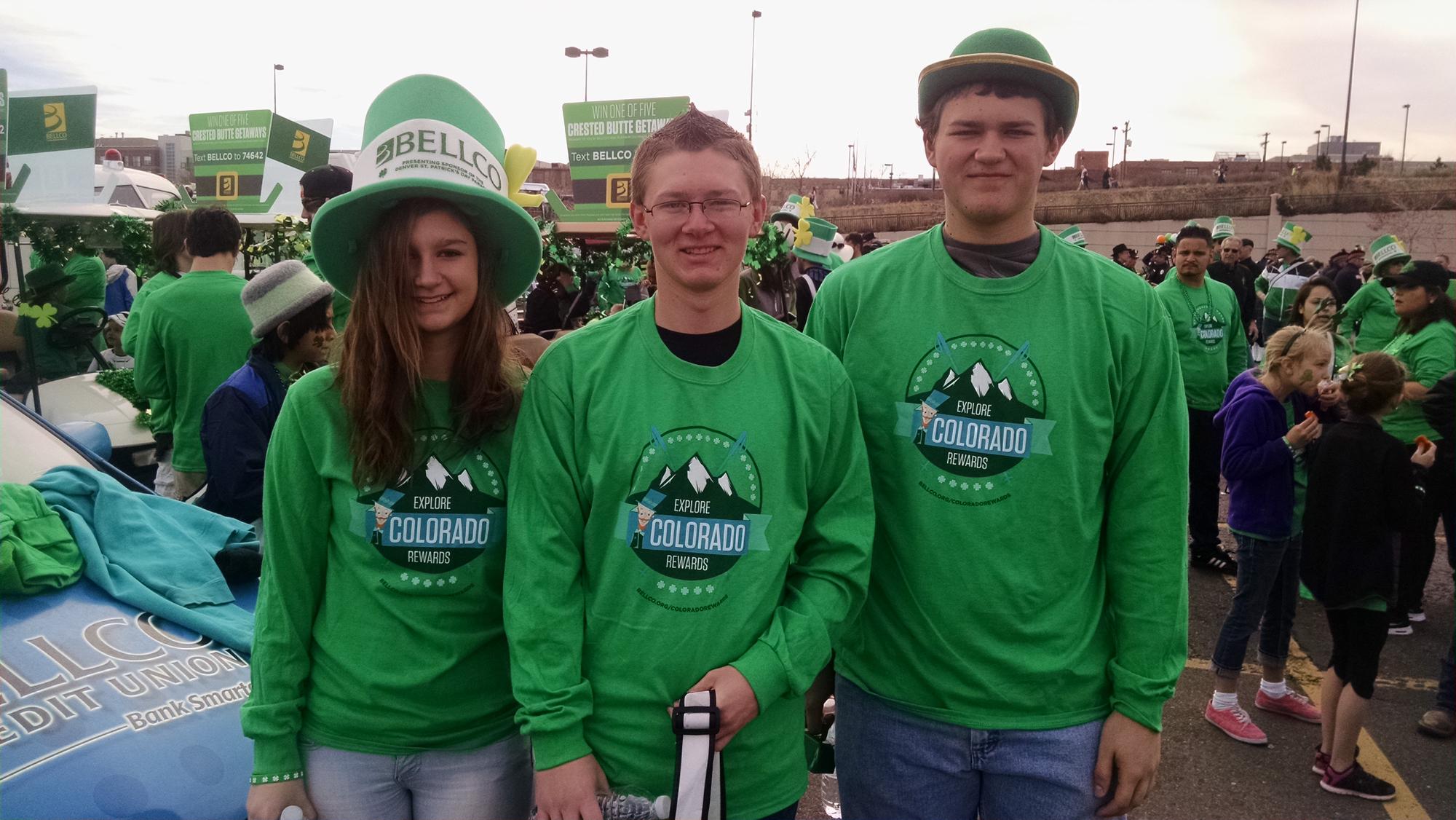 Darin, Makenna, and Derek walking in the St. Patrick’s Day Parade on March 12, 2016