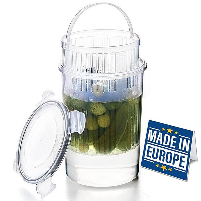 Crystalia Pickle Jar with Strainer Insert, Deli Food Storage Container, Pickle Holder Keeper Lifter, Bucket of Pickles, Barrel of Olive Jalapeno, Large Flip Jar with Leak Proof and Lock It Lid (Gray)