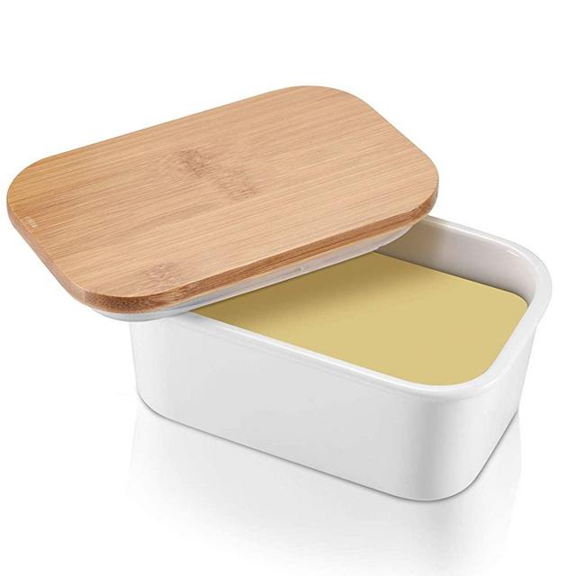Butter Keeper, Large Butter Dish 22 oz, Porcelain Butter Container with Beech Wooden Lid & Seal Ring, Perfect for 2 Sticks of Butter