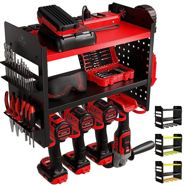 BUILTSTRONG Power Tool Organizer Wall Mount - 3-Tier Heavy-Duty Metal Hand Tool Storage Rack w/Charging Station, Drill Holder, PegBoard Side, & More - Garage Storage Cordless Tool Organizer (Red)