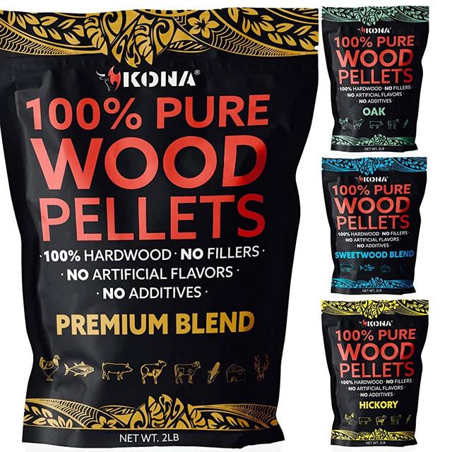 Kona Best Wood Smoking Pellets - Grilling Smoker Tube Pellets Variety Pack - 100% Hickory, Kona Premium Blend, 100% Oak, Kona Signature Sweetwood Blend - 2 Pound Bags