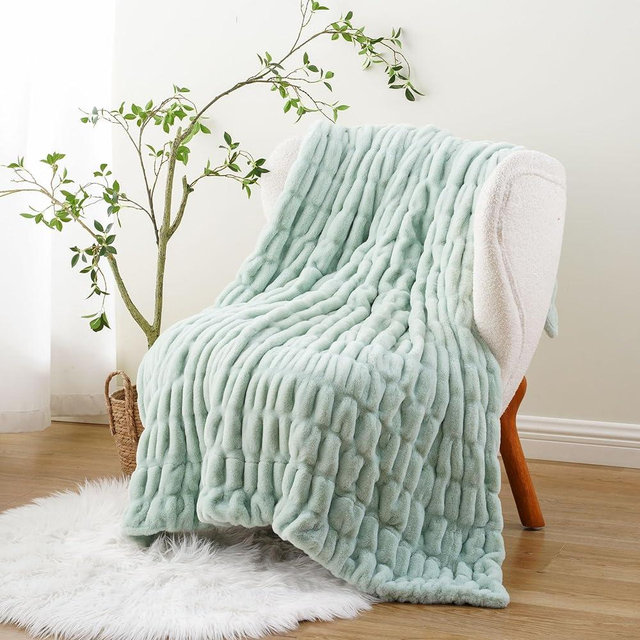 BATTILO HOME Luxury Faux Fur Throw Blanket for Couch, Super Soft Warm Cozy Plush Mink Blanket, Double Side Ruched Rabbit Fur Blanket for Bed, Sofa, Chair, 50"x60", Sage Green