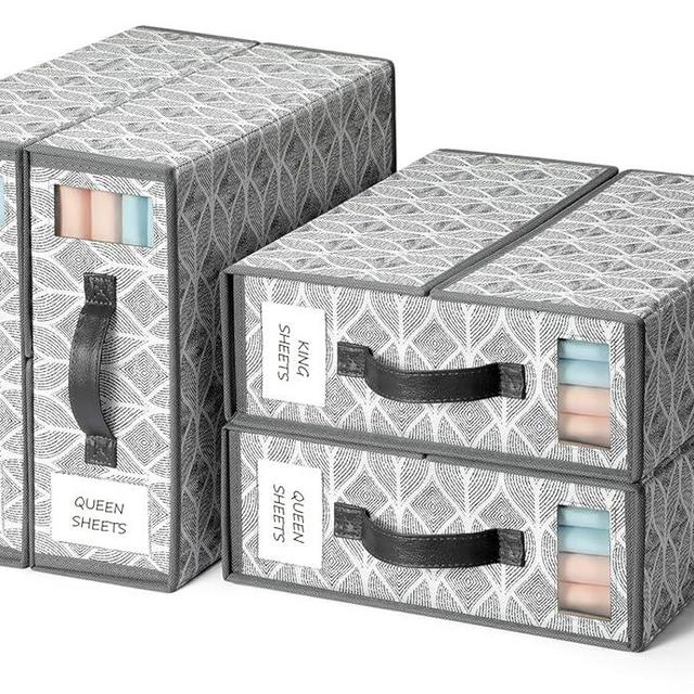 Yecaye 4 Pack Sheet Organizers and Storage with Clear Window and Label, Foldable Bed sheet Organizer for Linen Closet, Fabric Bedding Storage Box for Duvet Covers, Pillowcases, Queen & King Size, Grey