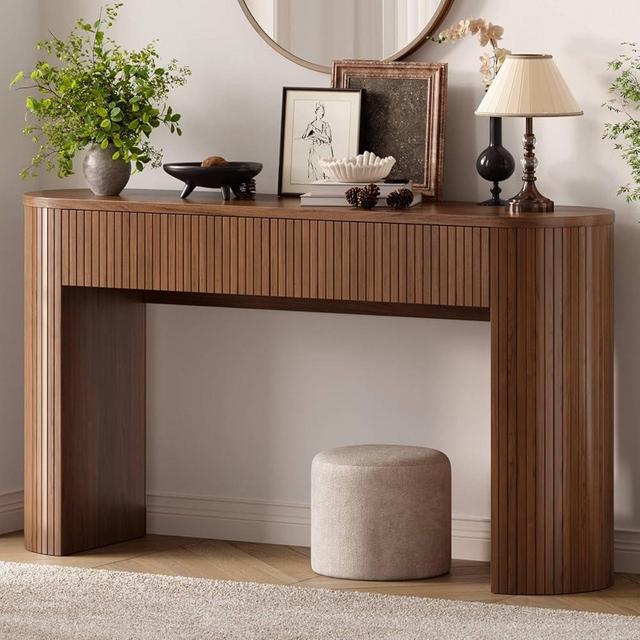 55 Inch Console Table with 2 Drawers, Fluted Entryway Tables with Storage, Sofa Table Behind The Couch, Hallway Tables, Mid-Century Modern Foyer Table for Entryway, Hallway, Living Room, Walnut