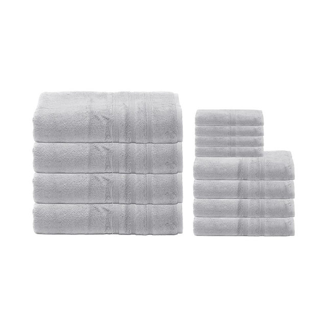 Mosobam 700 GSM Luxury Bamboo 12pc Large Oversized Bathroom Set, Light Grey, 4 Bath Towels 30X58 4 Hand Towels 16X30 4 Face Washcloths (Wash Cloth) 13X13, Turkish Towel Sets, Quick Dry, Gray