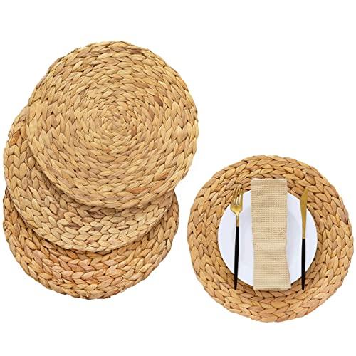 Artera Round Woven Placemats - Set of 4, 11.8 inches Natural Wicker Placemats, Water Hyacinth Straw Braided Placemats, Heat Resistant Non-Slip Weave Placemats Handmade