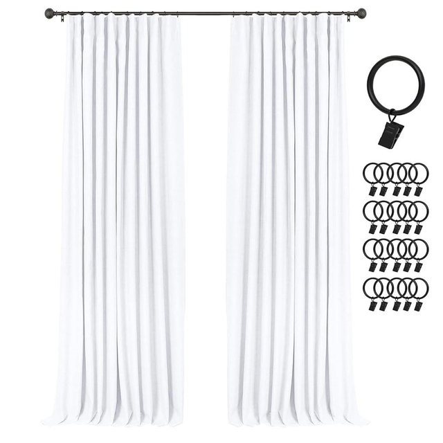INOVADAY 100% Blackout Curtains for Bedroom, Black Out Curtains 63 Inch Long, Clip Rings Linen Blackout Drapes, Thermal Insulated Room Darkening for Living Room, 2 Panels - Brightwhite,W50xL63