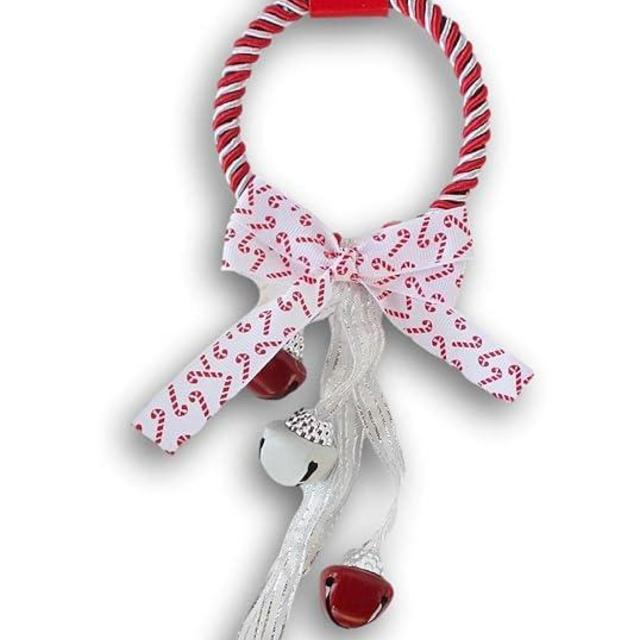 Christmas Holiday Themed Doorknob Door Hanger with Jingle Bells (Red & White)