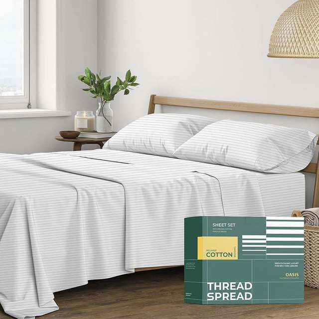 THREAD SPREAD 100% Organic Cotton Sheets Queen Size - Organic Cotton Percale Weave Sheet Set (4 PC, Light Grey Pinstripe), Soft, Cooling, Crisp & Breathable, 16" Deep Pocket Hotel Quality Bedding Set
