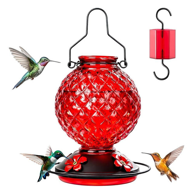 Tegarbed Glass Hummingbird Feeder for Outdoors Hanging, 25 OZ Humming Bird Nectar Feeder with 4 Bee Guard Feeding Ports & Built-in Ant Moat, Bird Feeder for Outside, Gifts for Women Mom, Red