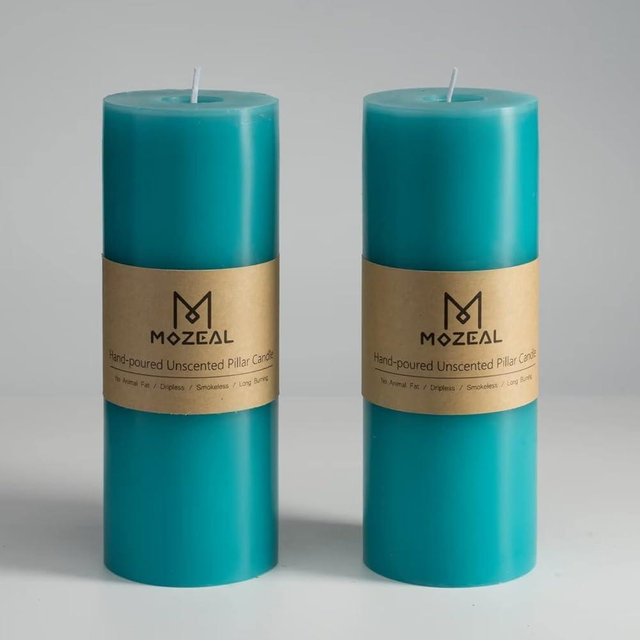 MOZEAL 3" x 8" Hand-Poured Unscented Large Candle,Smokeless Rustic Pillar Candle Set of 2,Slow Burn,No Drip,Approx 150 Hours Burning,Wedding,Dinner,Christmas and Home Decorative,Tall Turquoise Candle