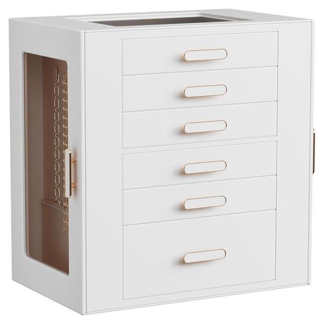 Jewelry Boxes for Women, 6 Layer Jewelry Organizer with Glass Lids, Jewelry Holder Organizer with 5 Drawers and 2 Glass Doors for Jewelry Storage, Big Jewelry Box for Womens Gift (White)