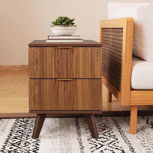 XUZENEST Fluted Nightstand, Mid Century Modern 2 Drawer Bedside Table for Bedroom, Small Dresser Night Stand Side End Table with Wood Fluted Drawer Storage for Bedroom Closet(Walnut)