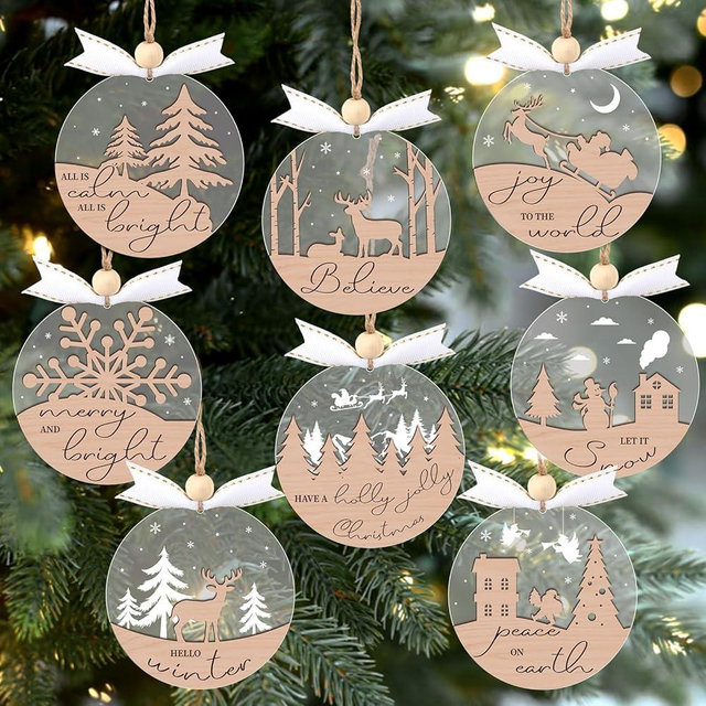 GuassLee 16pcs Winter Christmas Hanging Ornaments for Tree - 3D Wooden Acrylic Christmas Cutouts Reindeer Snowman Snowflake Ornaments for Christmas Tree Gifts Winter Party Supplies