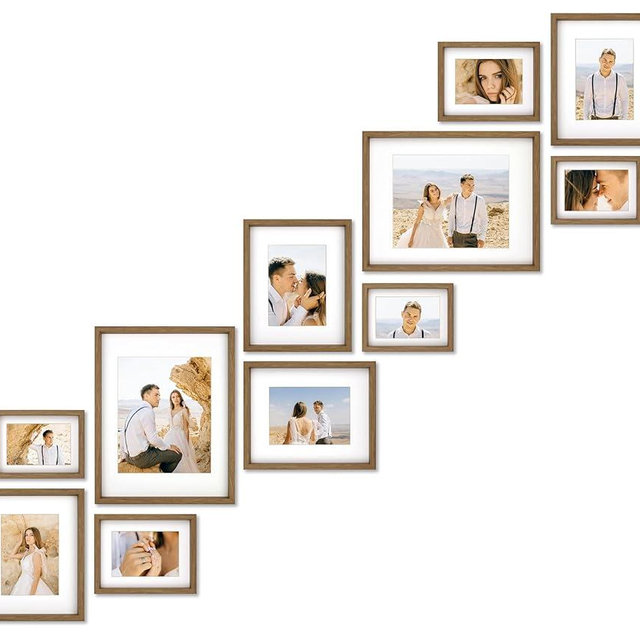 VELISTA 11 Piece Stair Picture Frame Set for Wall – Shadow Box Stairwell Gallery Wall Frame Set–Rustic Stairway Décor for Walls -Wooden Ladder Picture Frames - Farmhouse Staircase Wall Décor(Walnut)