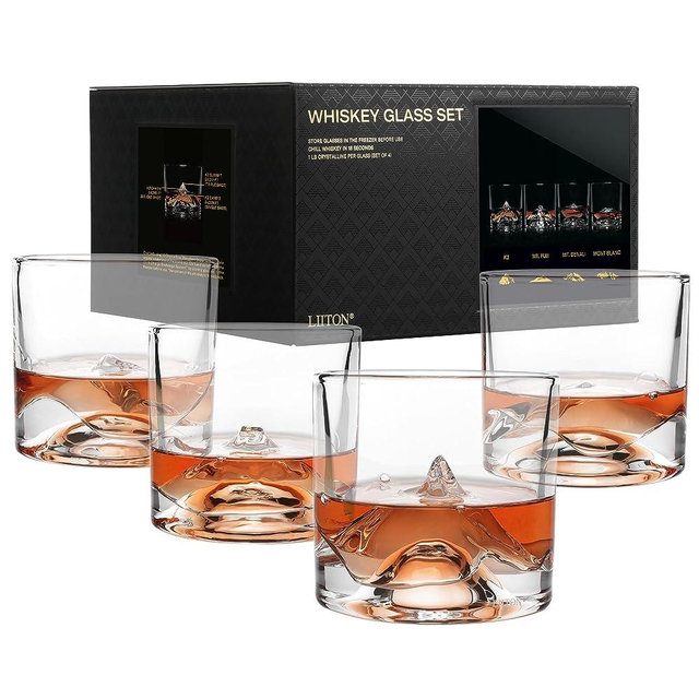 LIITON The Peaks Mountains Crystal Bourbon Whiskey Glasses Gift Set of 4 Unique Styles, Heavy Freezable Old Fashioned Cocktail Glass Tumbler, Premium Luxury Gifts for Men, Vodka, Scotch, Liquor, 10 oz