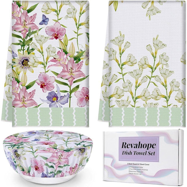 Revahope 2 Pieces Cotton Kitchen Towel Set, 18×30 Inches Decorative Hand Towels Absorbent Dish Tea Towels for Kitchen with 9.8 Inches Bowl Cover(Lily Floral)