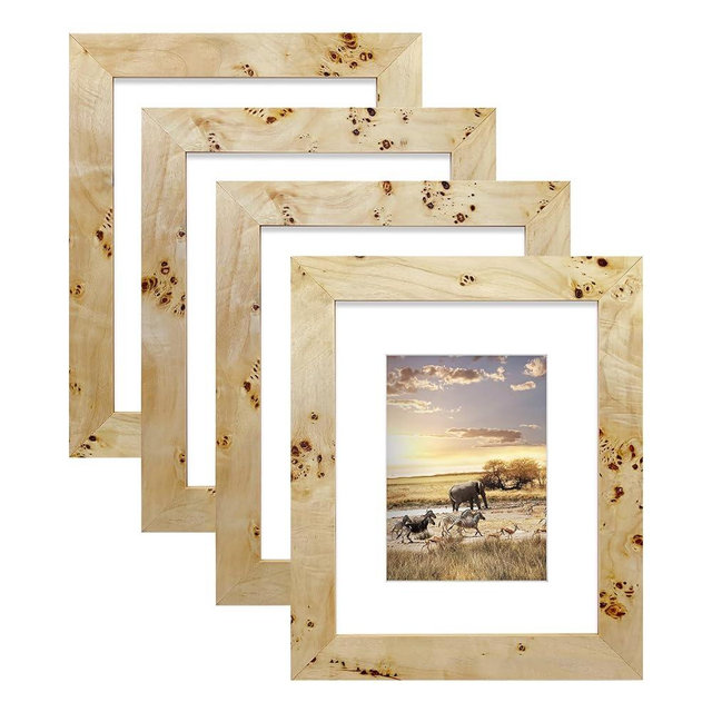 4 Pack Burl Wood Photo Frame Picture Frame 8x10 matted to 5x7 Burl Wood Picture Frames - NATURAL FINISH Picture Frames for Family Photos - Elegant Wall Hung and Tabletop Decor in Bulk
