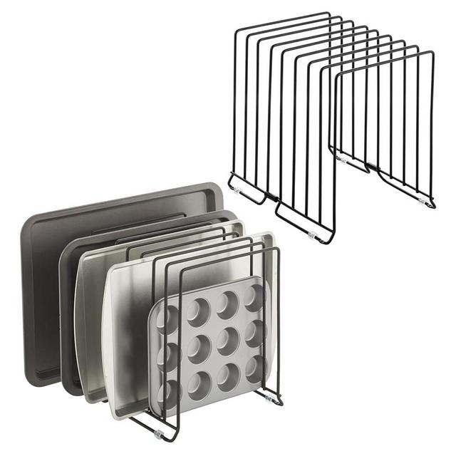 mDesign Large Metal Wire Organizer Rack for Kitchen Cabinet, Pantry, Shelves - Holder with 8 Slots for Baking Sheets, Skillets, Frying Pans, Pots, Lids, Cutting Boards, and Appliances - 2 Pack - Black