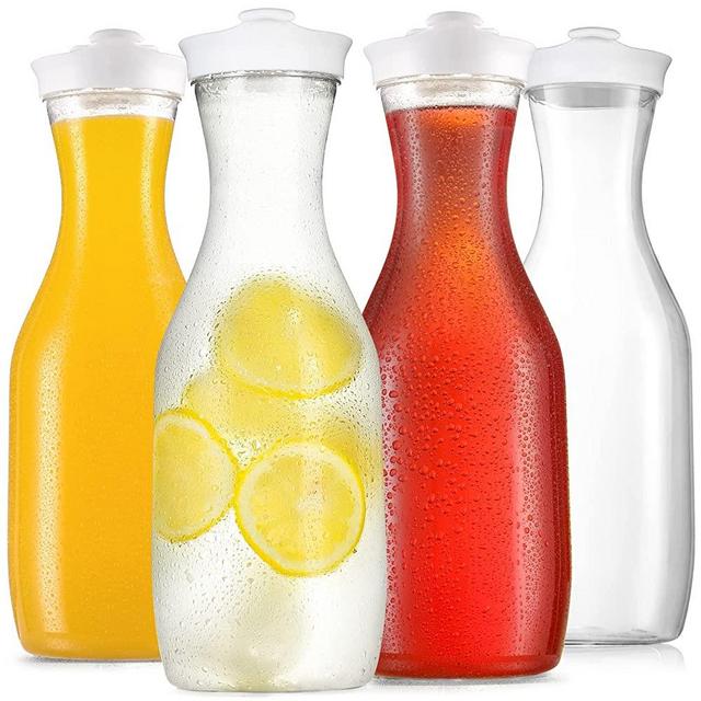 NETANY 50 Oz Water Carafe with Flip Top Lid, Clear Plastic Pitcher Jug, 4 Pack Juice Containers, BPA Free - for Water, Iced Tea, Juice, Lemonade, Milk, Cold Brew, Mimosa Bar