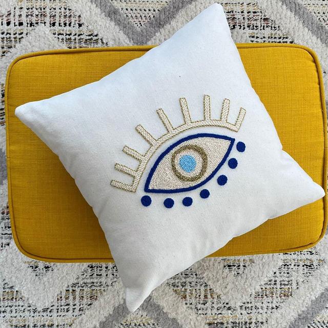 Punch Needle Evil Eye Pillow, Embroidered Throw Pillow, Decorative Punch Pillow, Housewarming Gift, Unique Gift, Handmade Elegant Pillowcase