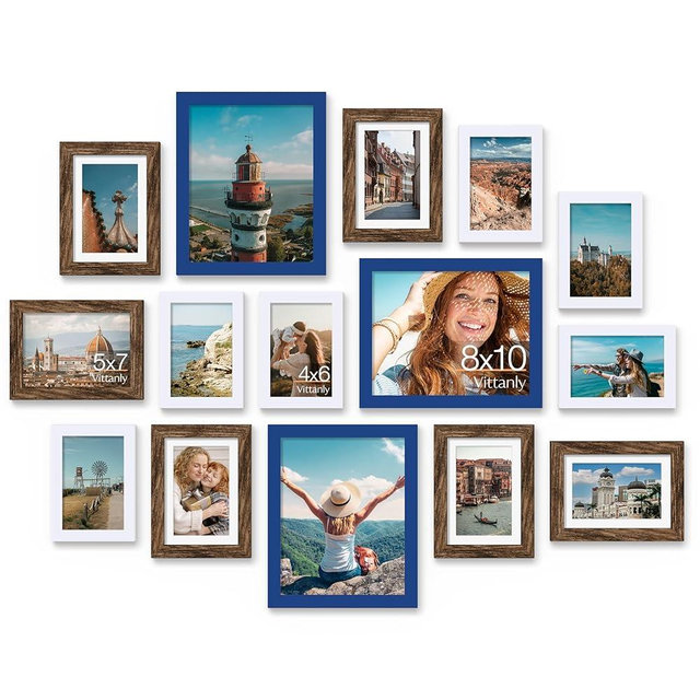 Vittanly 15 Pack Picture Frames Collage Wall Decor, Multi Sizes Including 3pcs 8x10, 6pcs 5x7 and 6pcs 4x6 Photo Frames, Gallery Frame Set for Wall or Tabletop Display, Blue, Brown and White