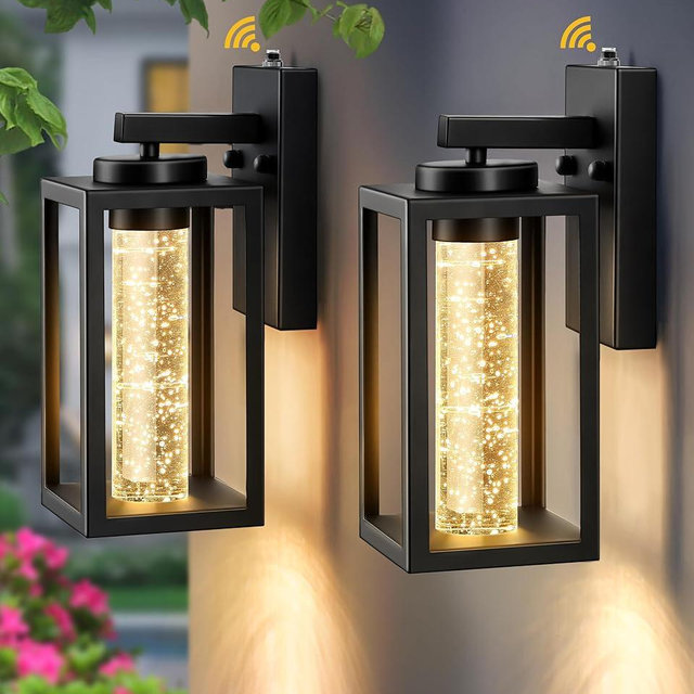 VIANIS 2 Pack Exterior Garage Lighting Fixtures Wall Mount, Modern Black Outdoor Porch Lights for House with Crystal Bubble Glass, 100% Aluminum Built-in 10W LED Outdoor Wall Sconce Lights Lantern