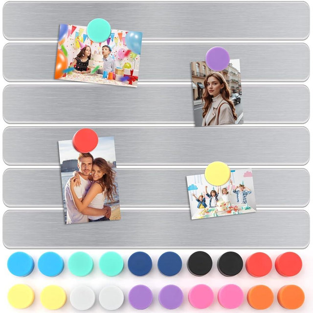 6Pcs Magnetic Strip, Metal Magnet Board with 20 pcs Colorful Magnet, Frameless Magnetic Strips with Adhesive Backing for DIY, Art Projects, whiteboards & Fridge
