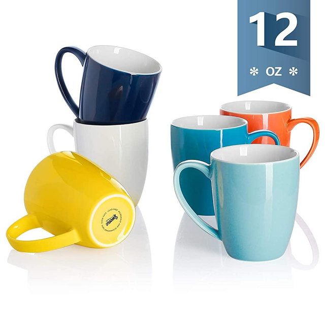 Sweese 611.002 Porcelain Mugs - 12 Ounce for Coffee, Tea, Mocha and Mulled Drinks - Set of 6, Hot Assorted Colors