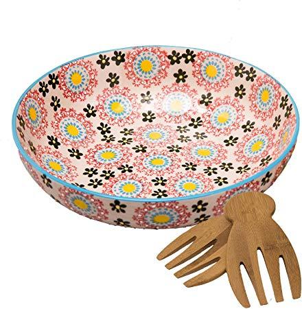 Large Stoneware Salad Serving Bowl, 2 Bamboo Salad Hands