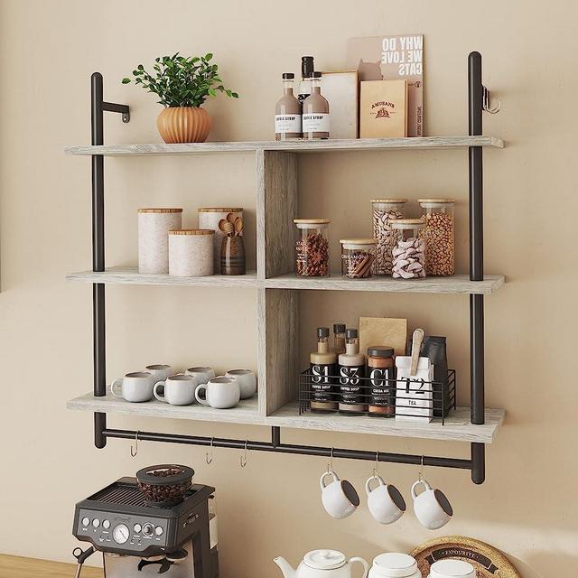 Bestier 41.5" Floating Pipe Shelving, 3 Tier Industrial Wall-Mounted Ladder Shelf Hanging with Circular Tube, Wood Display Bookshelf Storage for Living Room Kitchen Balcony, Retro Grey