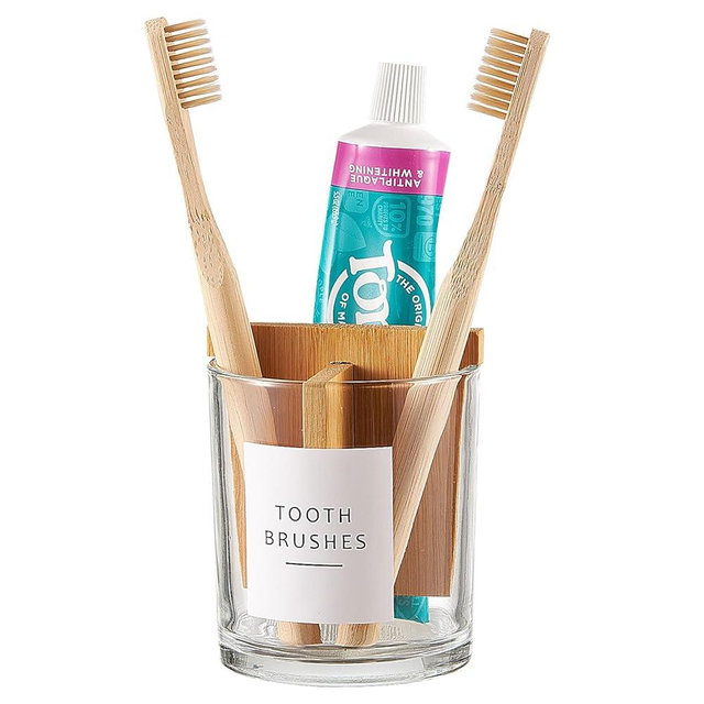 Onsogi Glass Toothbrush and Toothpaste Holder with Bamboo Divider for Bathroom Countertop, Toothbrush Organizer Stand for Bathroom Vanity Countertops - 1 Pack